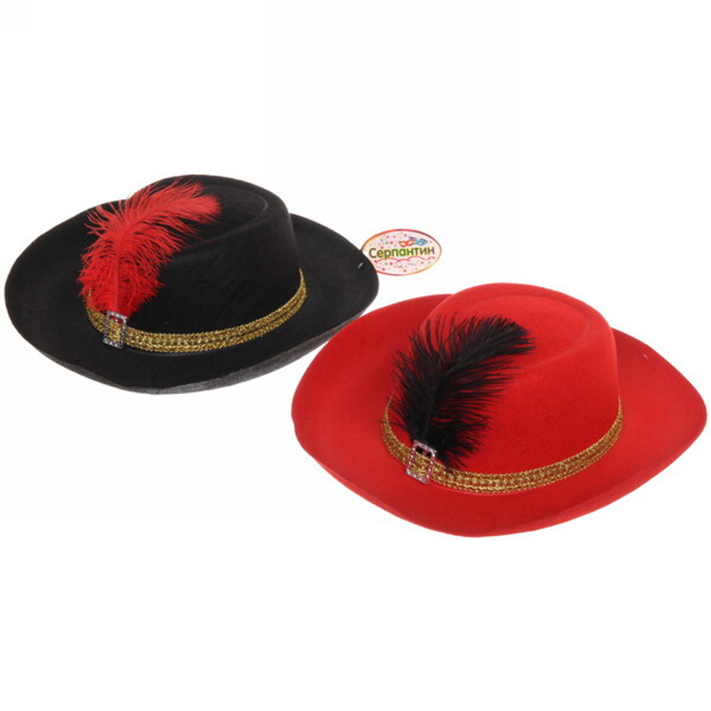 Шляпа карнавальная «Мушкетер» бордо с пером, d-30 см, микс
