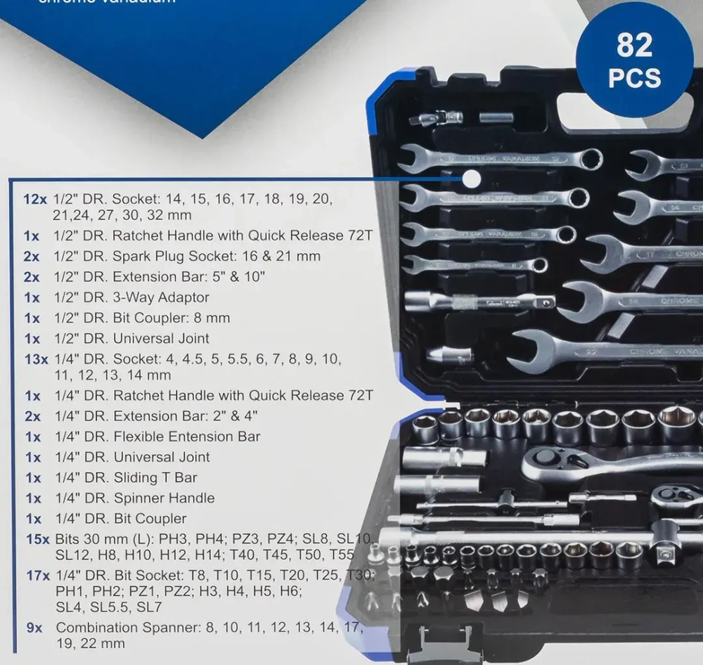 Набор инструментов 1/4'' 1/2'', 82пр. (6-гран) Scheppach Sch-4821-5