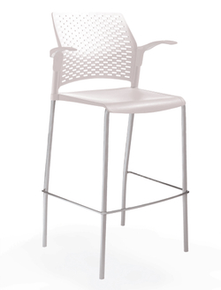 стул Rewind барный, каркас серый, пластик белый, с открытыми подлокотниками, без обивки