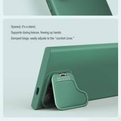 Чехол от Nillkin покрытый шелковистым силиконом зеленого цвета (Dark Green) для Samsung Galaxy S24 Ultra, серия CamShield Silky Prop Silicone Case (с металлической откидной крышкой)