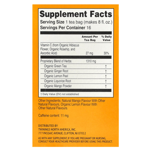 Twinings, Superblends ™, поддержка иммунитета и зеленый чай, имбирь и манго, 16 чайных пакетиков, 32 г (1,12 унции)