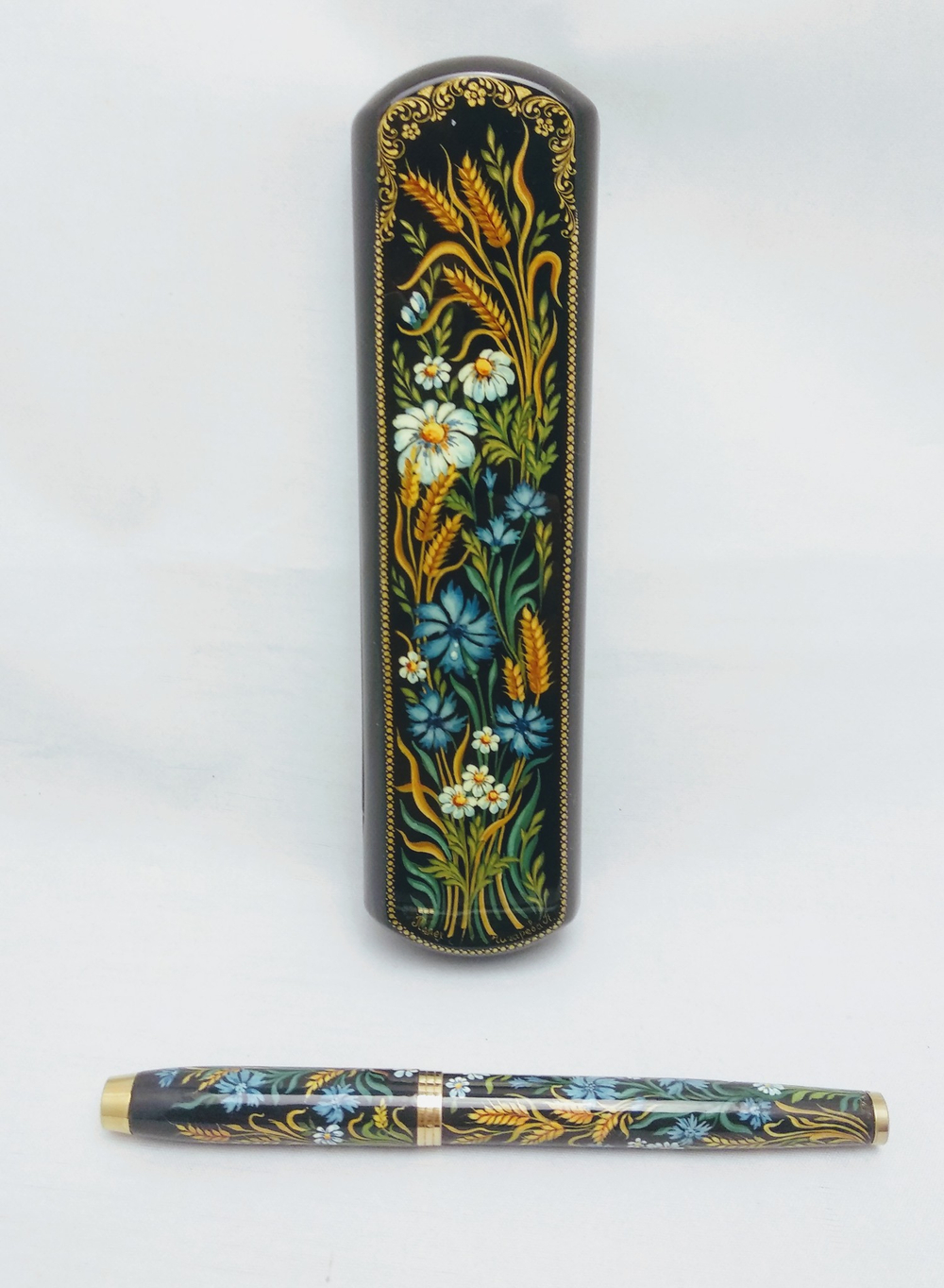 Ручка с росписью Палех в шкатулке "Пшеница с васильками"