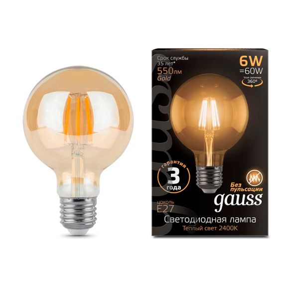 Лампа светодиодная филаментная Gauss E27 6W 2400K прозрачная 105802006