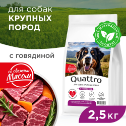 Корм сухой для взрослых собак крупных пород, премиум полнорационный сбалансированный, с говядиной, 2,5 кг, QUATTRO