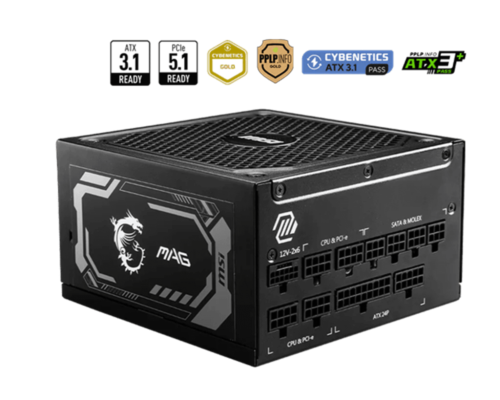 Блок питания MSI 1250W, MAG A1250GL PCIE5, Full Modular, ATX, 80+ GOLD, КПД >90%, Fan 135mm, Черный