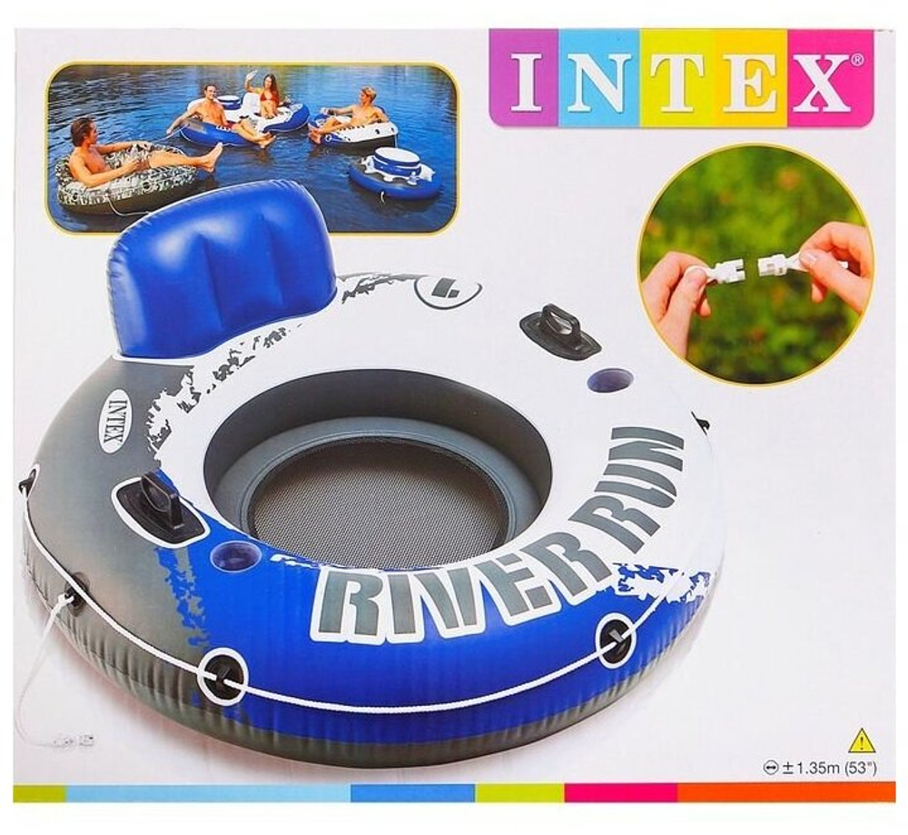 Матрас-круг для плавания Intex 58825 River Run 135 см / Надувное кресло Интекс с сетчатым дном и спинкой сине-белое для бассейна и моря