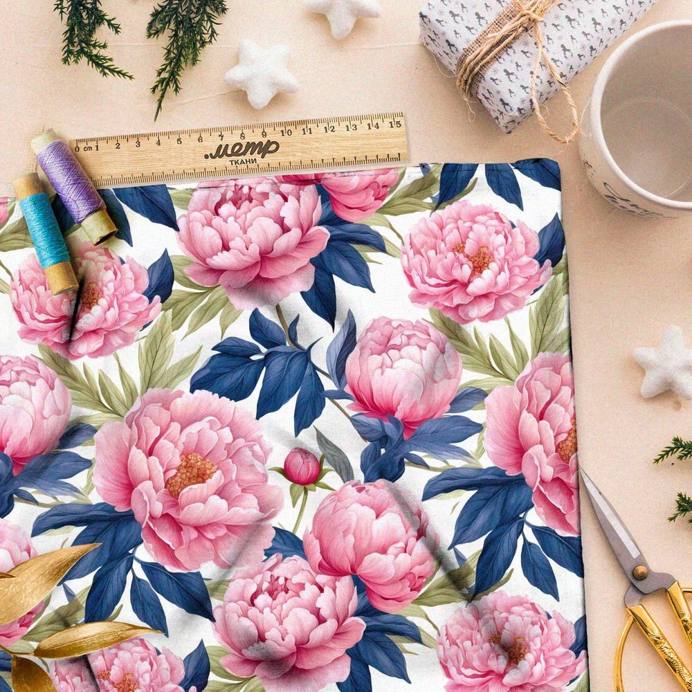 Ткань премиум шелк искусственный Армани выразительные пионы