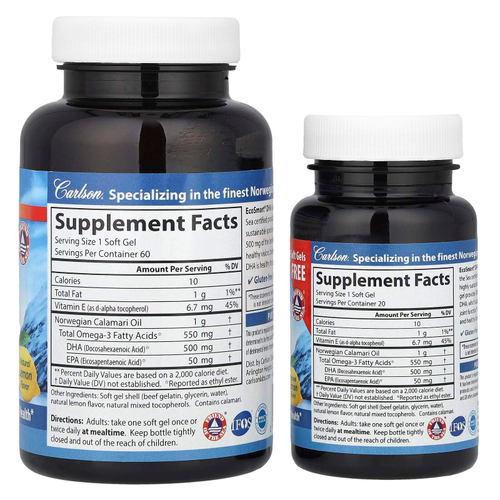 Carlson, EcoSmart® DHA, натуральный лимон, 500 мг, 60 мягких таблеток + 20 мягких таблеток