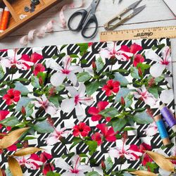 Ткань кулирная гладь яркие цветы на чёрно-белом фоне