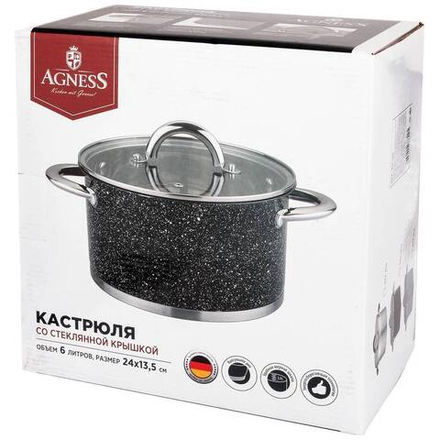 КАСТРЮЛЯ AGNESS СО СТЕКЛЯННОЙ КРЫШКОЙ, НЕРЖ.СТАЛЬ, СЕРИЯ BLACK MARBLE 6,0Л 24Х13,5СМ (КОР=4ШТ.)