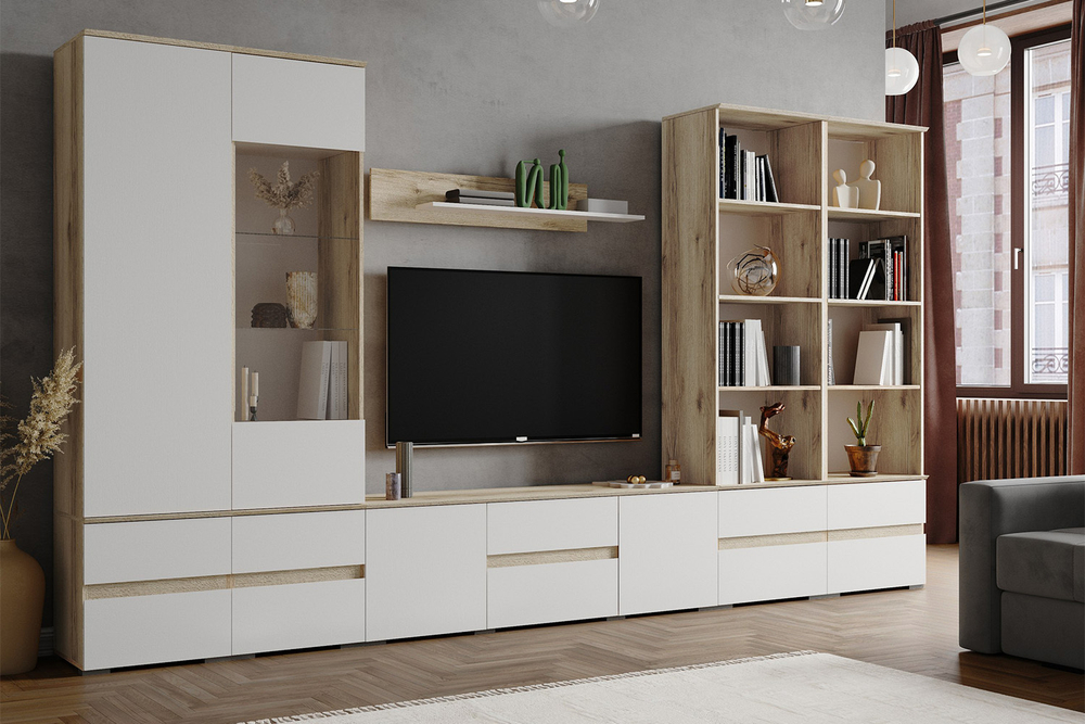 Тумба под телевизор Плейона, Дуб Делано, Белый