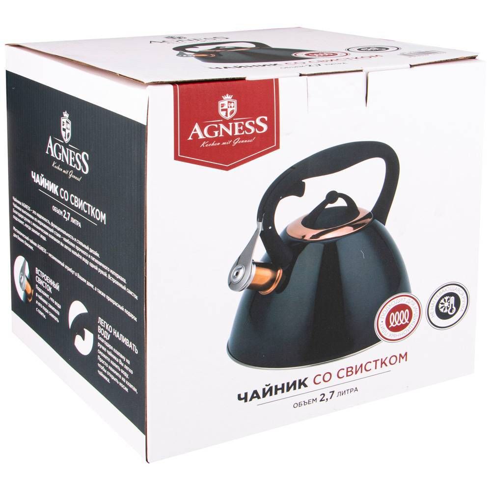 ЧАЙНИК AGNESS "ТЮДОР" СО СВИСТКОМ 2,7 Л, ТИТ. ПОКРЫТИЕ НОСИКА, ТЕРМОАККУМ. ДНО, ИНДУКЦИЯ