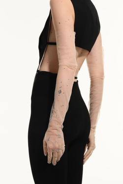 Перчатки длинные бежевые с камнями