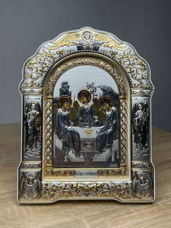 Св. Троица, икона арочная с рамкой под стеклом, белое дерево 167х228