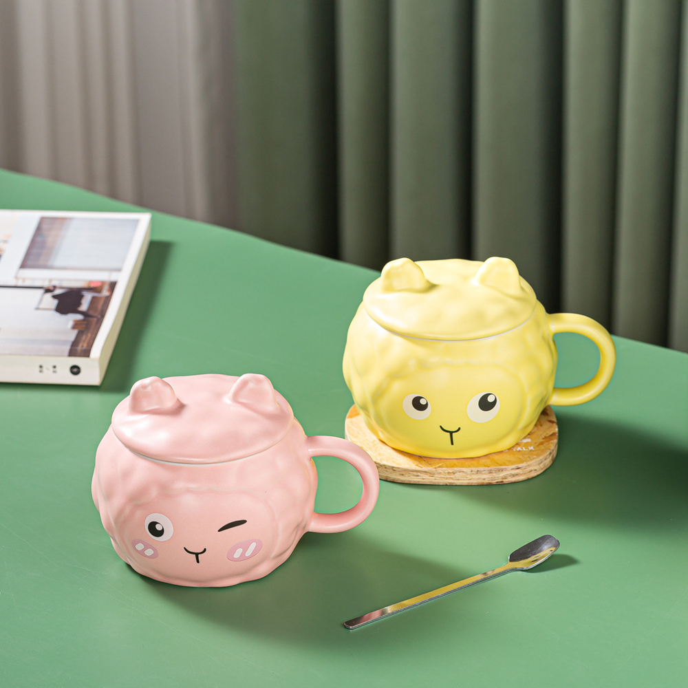 Керамическая кружка с крышкой и ложкой, розовый/голубой/желтый/персиковый, 370 мл