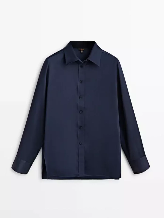 Massimo Dutti Атласная рубашка с вырезами, глубинно-синий