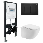 Унитаз подвесной Abber Bequem AC1100T-AC0105-AC0120MB белый, безободковый, с инсталляцией, с крышкой микролифт, слив-торнадо, с черной матовой кнопкой