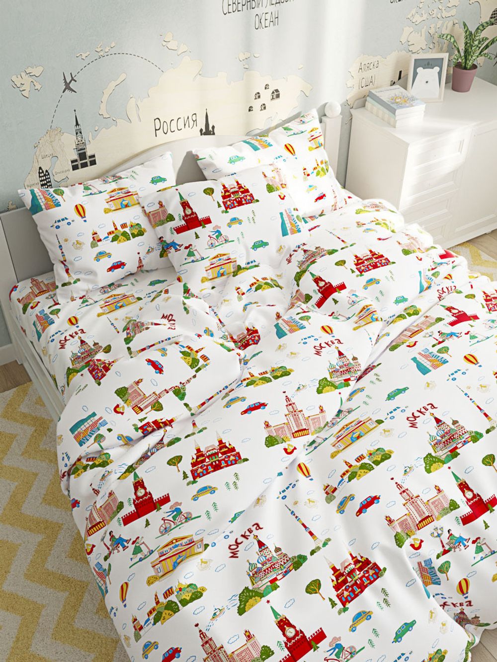 Постельное белье Сказка "Москва" 2-спальный наволочки 50х70 2шт Простынь на резинке 160х200 см Пододеяльник 175х215 см