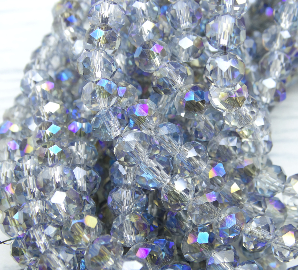 БП029ДС68 Хрустальные бусины "рондель", цвет: серый с цв. AB прозрач., 6х8 мм, кол-во: 39-40 шт.