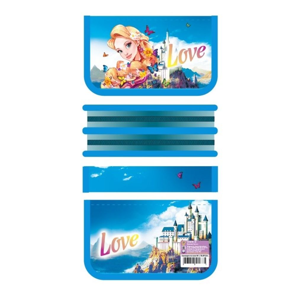 Пенал 2 отделения ПЧЕЛКА, лам. картон, молния, 190 х 105 мм, "Принцесса и замок", голубой