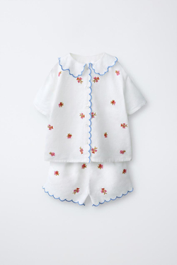 ZARA ПИЖАМА С ВЫШИВКОЙ ИЗ ХЛОПКА И ЛЬНА, ЭКРЮ МЕЛАНЖ