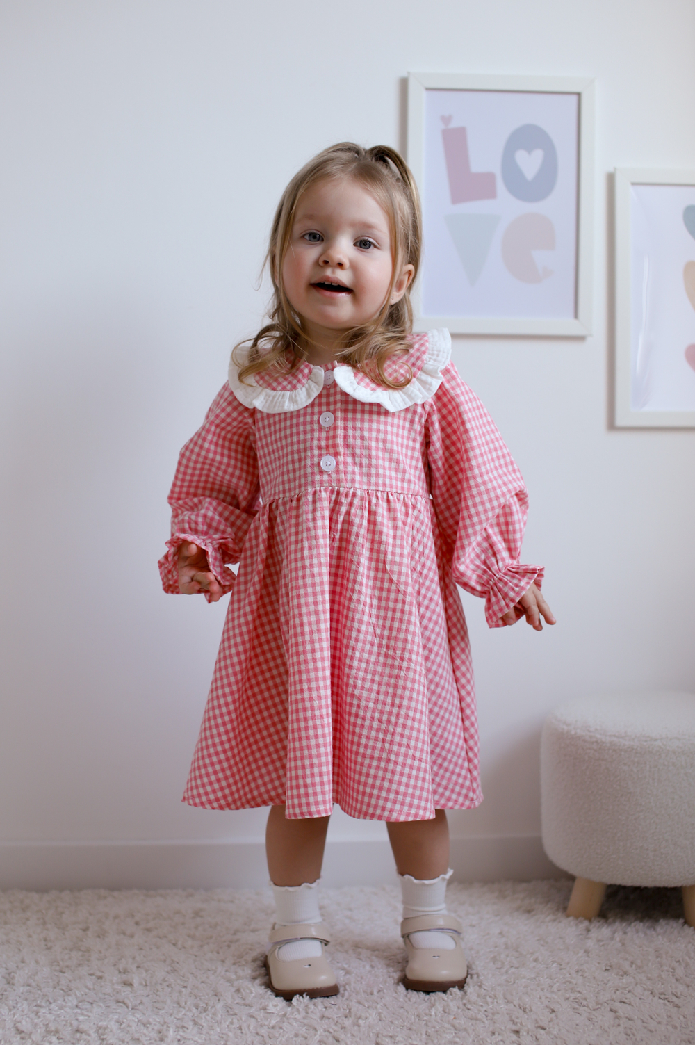 Платье из варёного хлопка в клетку виши, цвет розовый