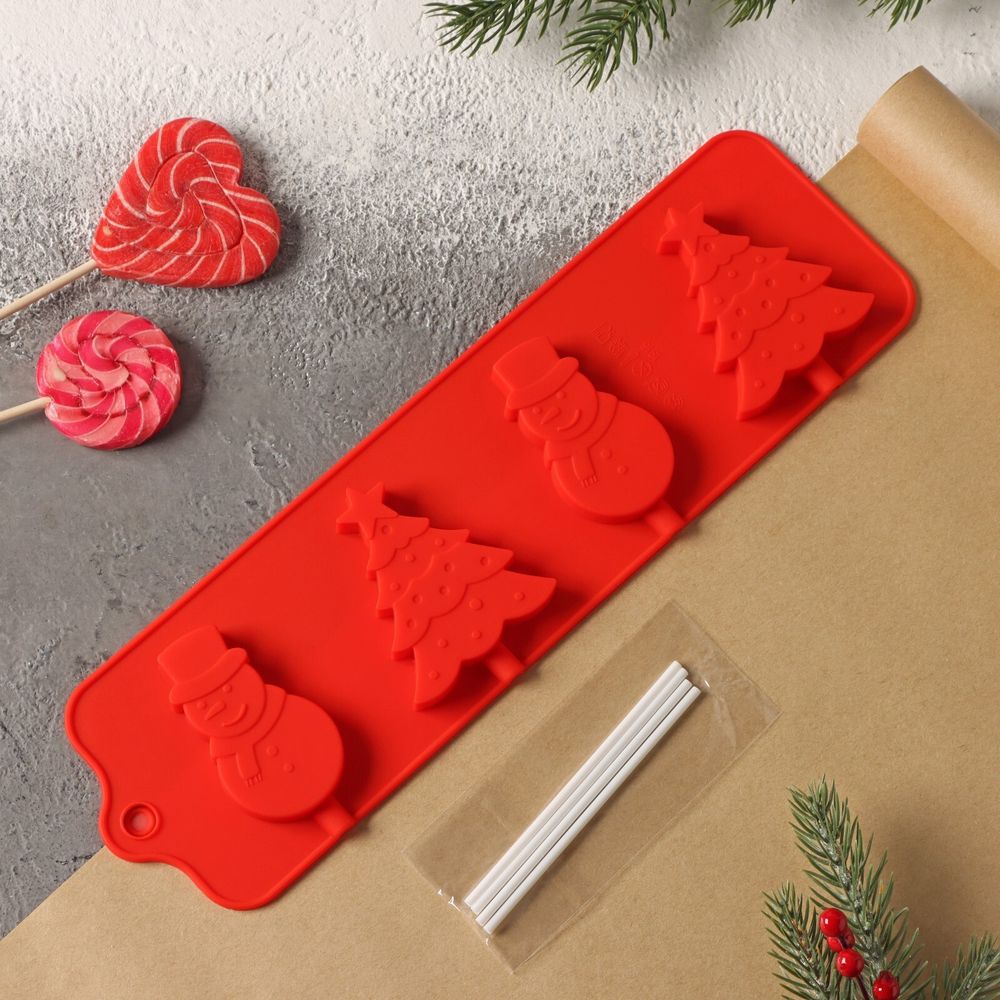 Форма силиконовая для леденцов «Новый год», 31×9 см, 4 ячейки, с палочками, цвет красный