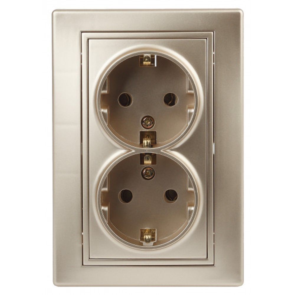 Розетка Intro Plano 1-205-04 с заземлением двойная 2X2P+E Schuko 16А-250В IP20 СУ шампань