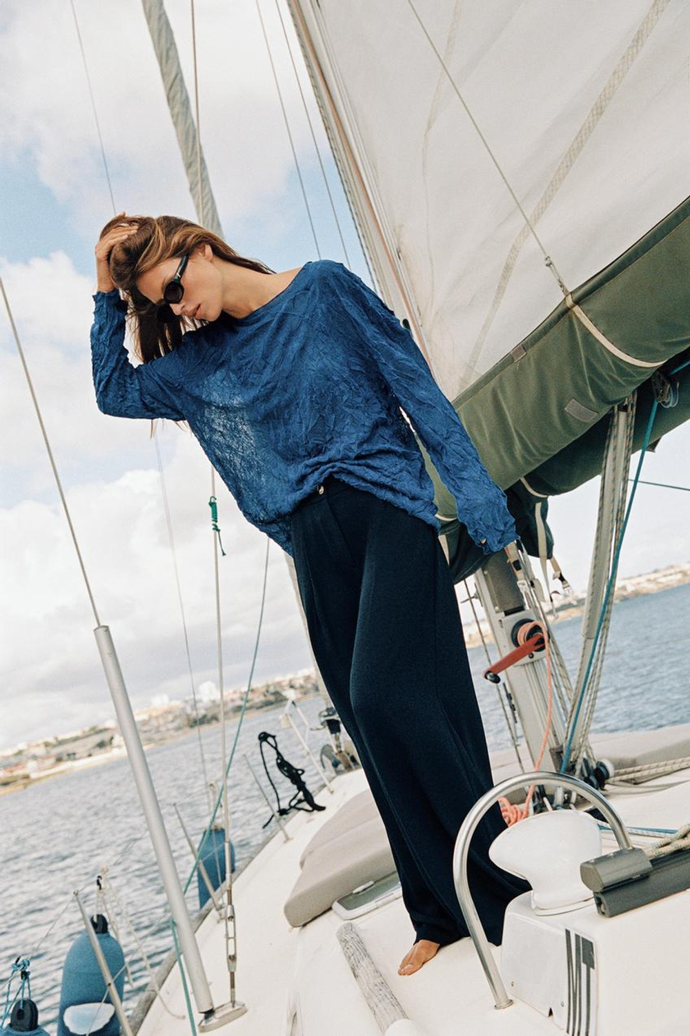 ZARA БРЮКИ ПАЛАЦЦО С ЗОЛОТИСТОЙ ПУГОВИЦЕЙ, МОРСКОЙ СИНИЙ