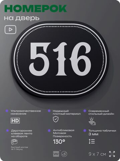 Номерок на дверь квартиры 516, для кабинета, офиса, шильдик 9 х 7 см, черный, Айдентика Технолоджи