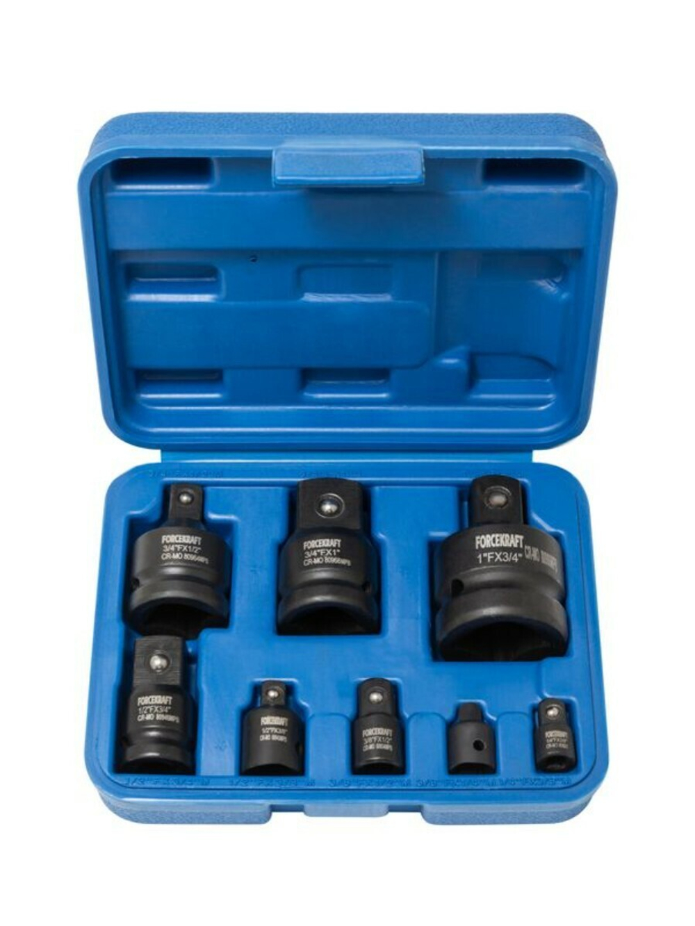 Набор адаптеров ударных,8пр(1/4(F)x3/8''(M),3/8(F)x1/4''(M),3/8(F)x1/2''(M),1/2(F)x3/8''(M),1/2(F)x3/4''(M),3/4(F)x1/2''(M),3/4(F)x1''(M),1(F)x3/4''(M FORCEKRAFT FK-4089MPB