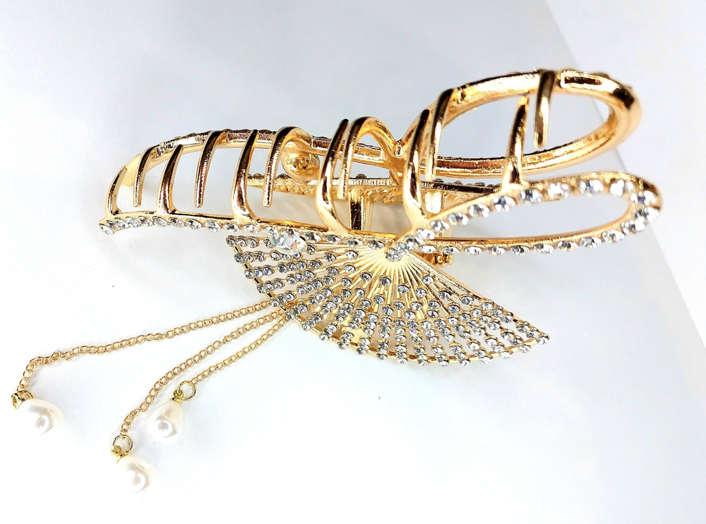 Заколка -краб  для волос "Веер" инкрустированный стразами. Металл Усиленная. Цвет золото