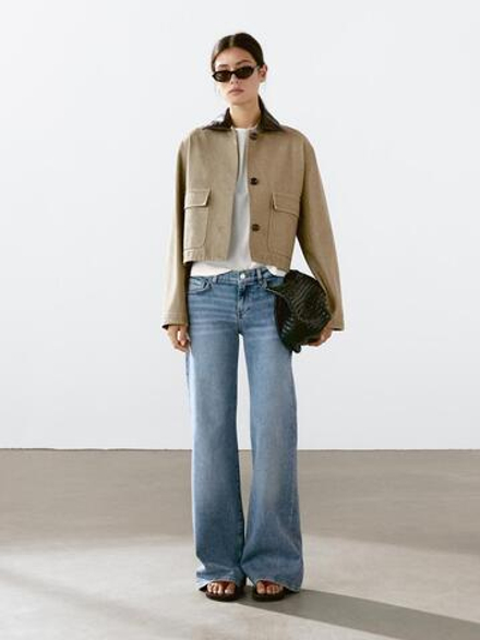 Massimo Dutti Куртка со съемным кожаным воротником, песочный