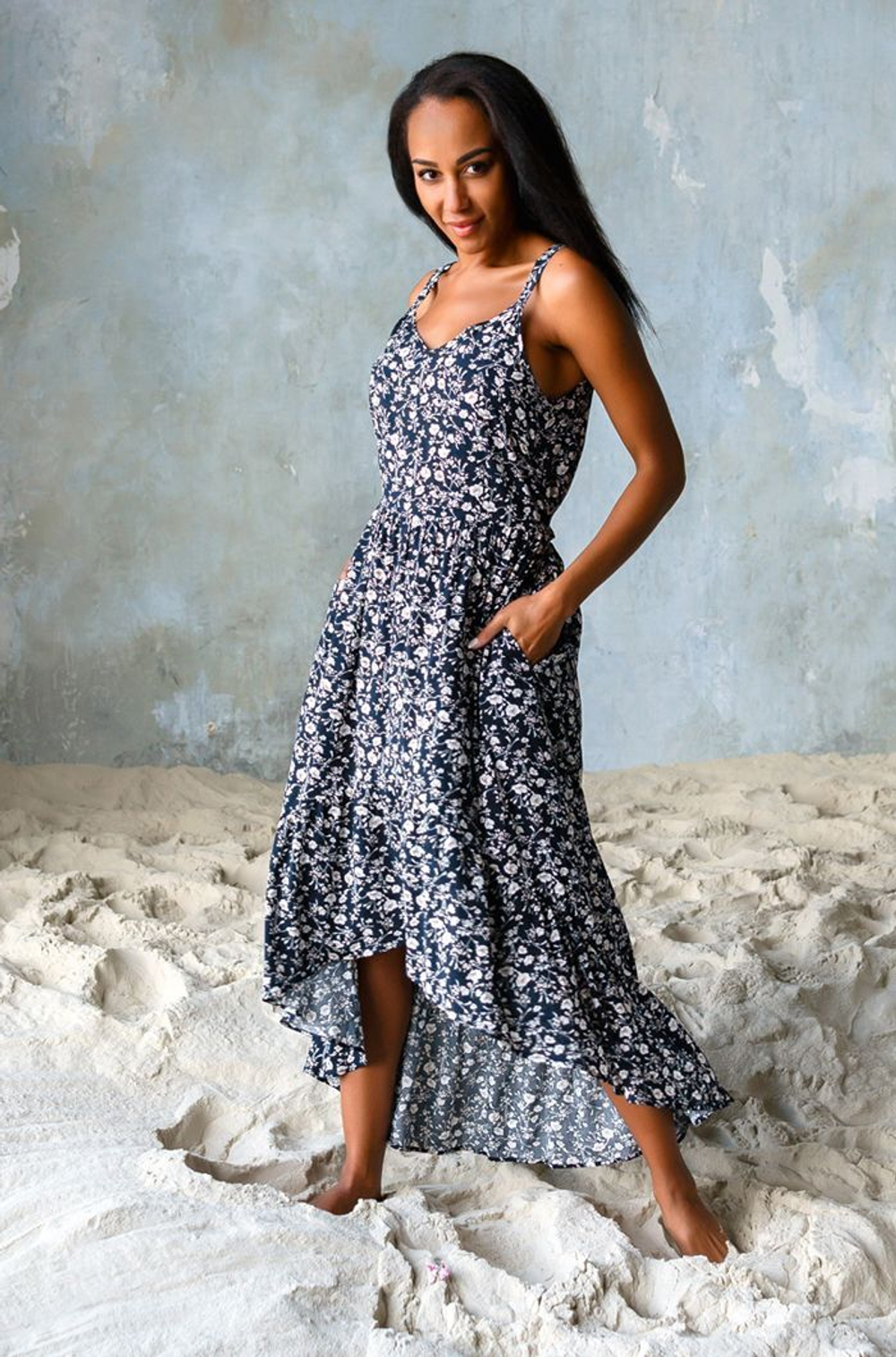 Платье с рюшей Nina (Размер: M) (Цвет: темно-синий)