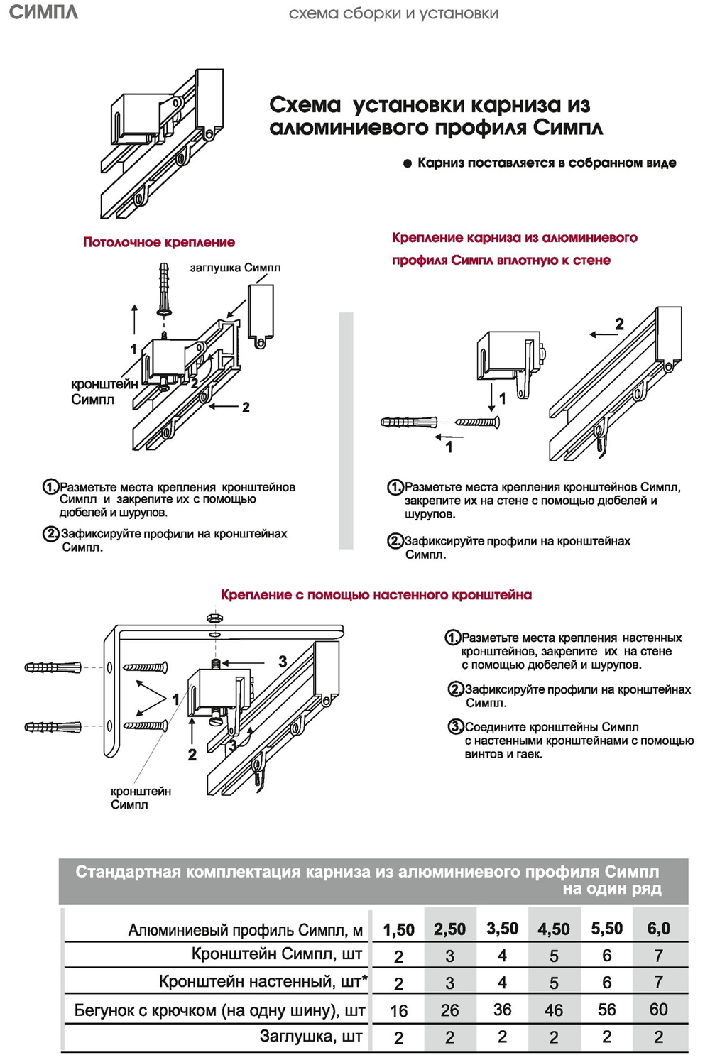 Карниз для штор профильный алюминиевый однорядный "Симпл" белое золото, крепление потолок/стена