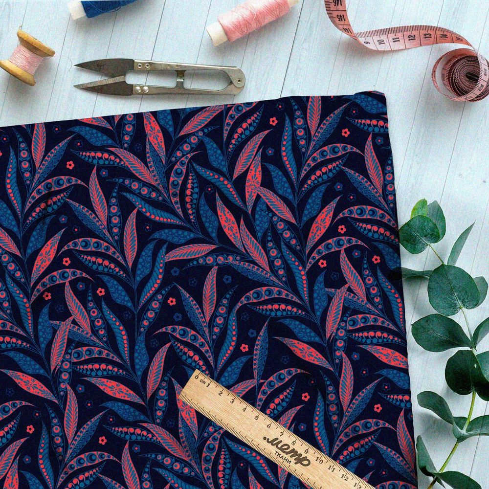 Ткань оксфорд 600 затемнённые красно-синие листья