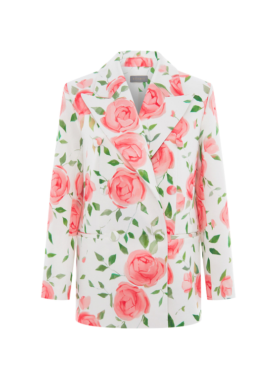 Двубортный жакет из атласа с цветочным принтом