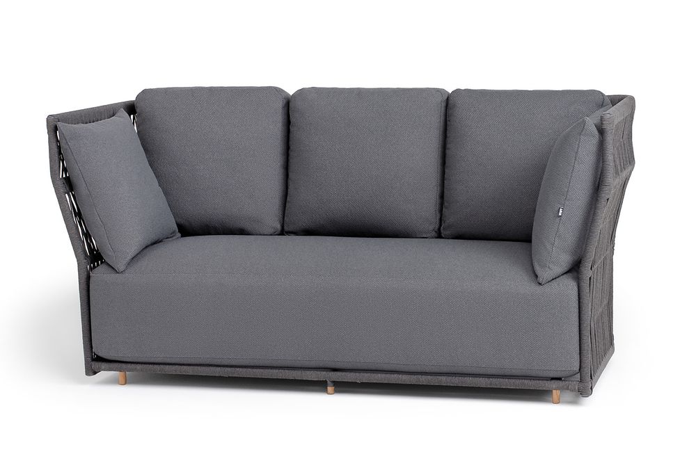 "Лугано" диван 3-местный плетеный из роупа, каркас алюминий темно-серый (RAL7024) муар, роуп темно-серый круглый, ткань темно-серая YB25-0027