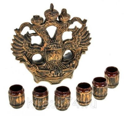 Штоф с рюмками "Герб", шамот, 7 предметов, 1 л