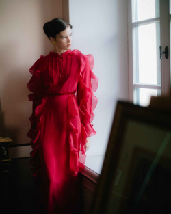 Платье-миди из шелковой органзы цвета фуксии