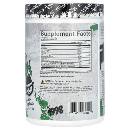 Gaspari Nutrition, SuperPump Aggression Pre-Workout, итальянский лед из джерси, 450 г