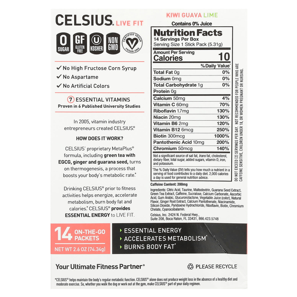 Celsius, Live Fit, киви и гуава, лайм, 14 пакетиков, по 5,31 г (0,19 унции)