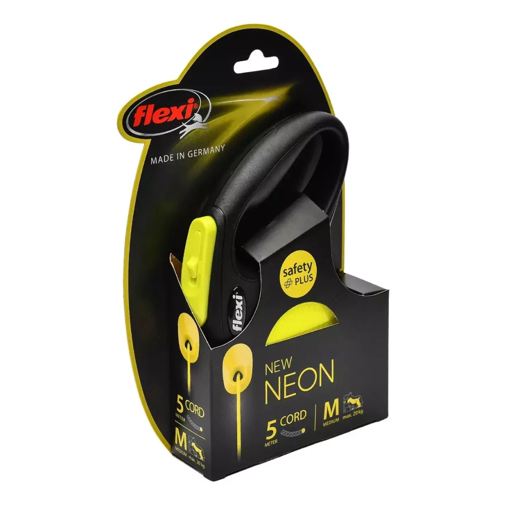 Поводок-рулетка Flexi Neon New Classic М (до 20 кг) трос 5 м, светоотражающая, желтый неон
