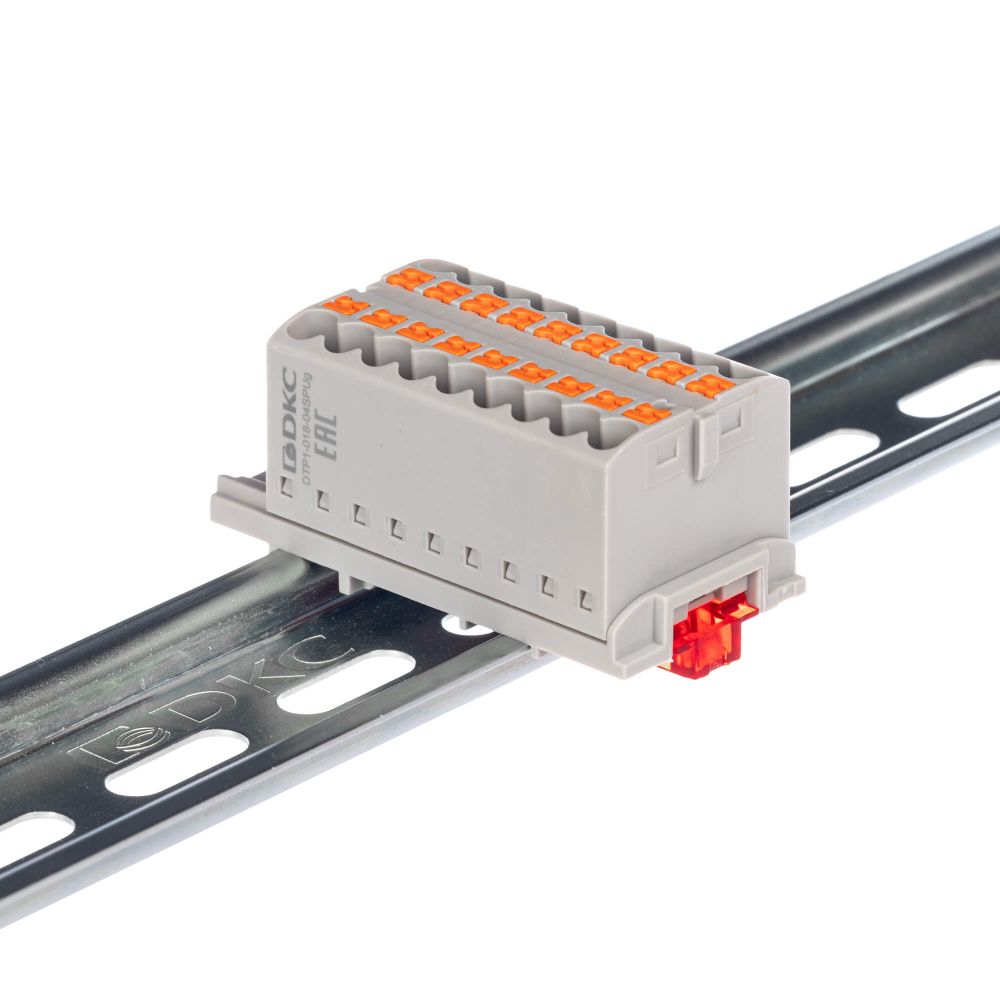 Блок распределительный с верт. адаптером на рейки шириной 15/35мм, зажим push-in, 18 точек подключения 2,5 кв.мм, красный