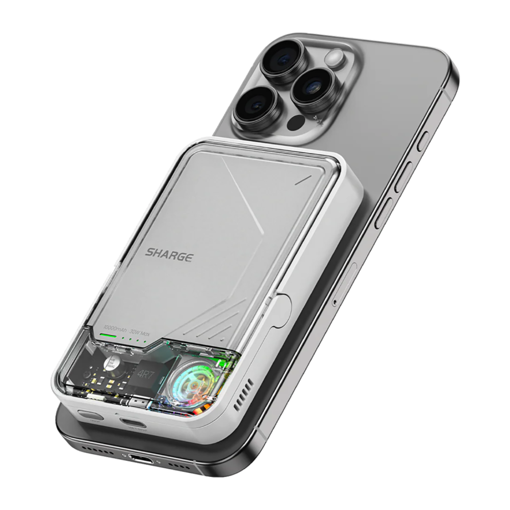 Внешний аккумулятор MagSafe с подставкой и активным охлаждением SHARGE ICEMAG 2 (Qi2) (10000 мА·ч) Беспроводная зарядка: Qi 15 Вт. Проводная зарядка: USB-C. Сертификация Qi2. Есть LED-индикация, RGB-подсветка, поддержка PD 3.0, QC 3.0, PPS, AFC, SCP и FCP