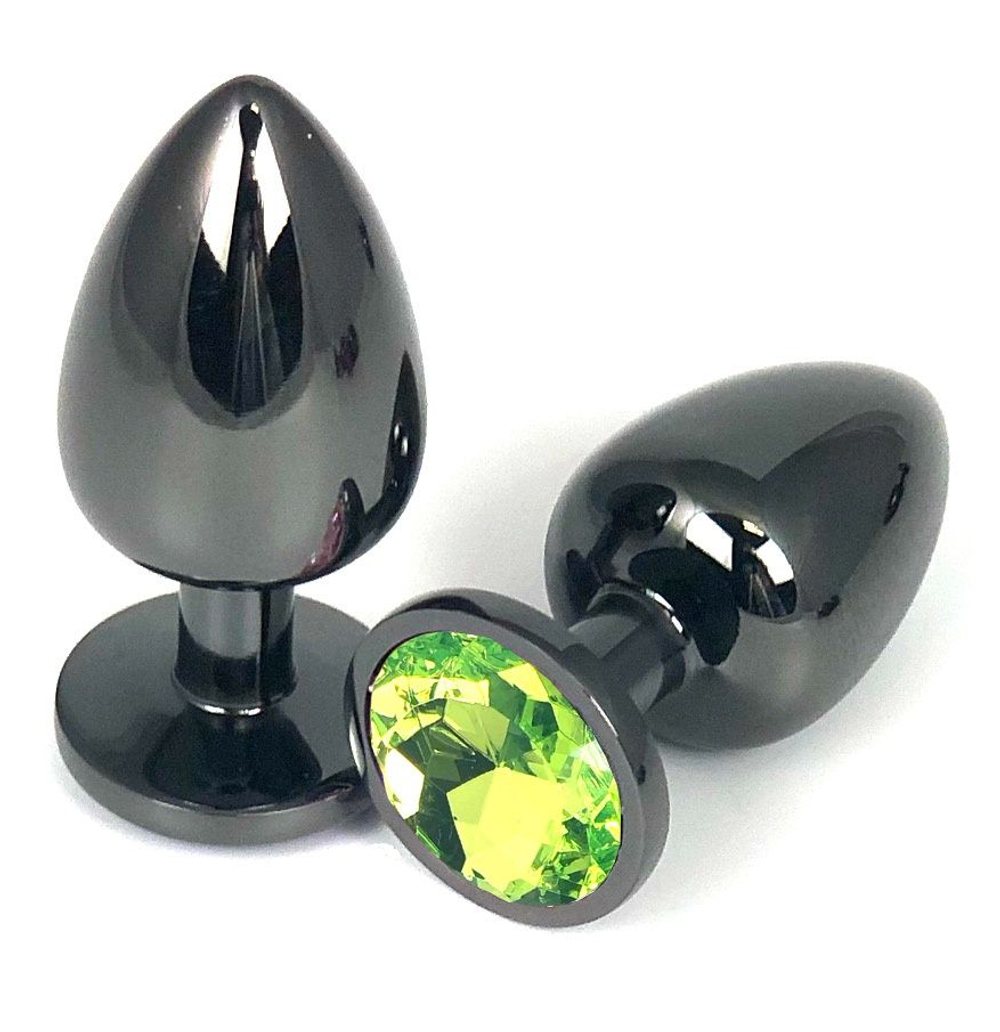 Черная металлическая анальная пробка с салатовым стразом - 9 см. (Цвет: салатовый)