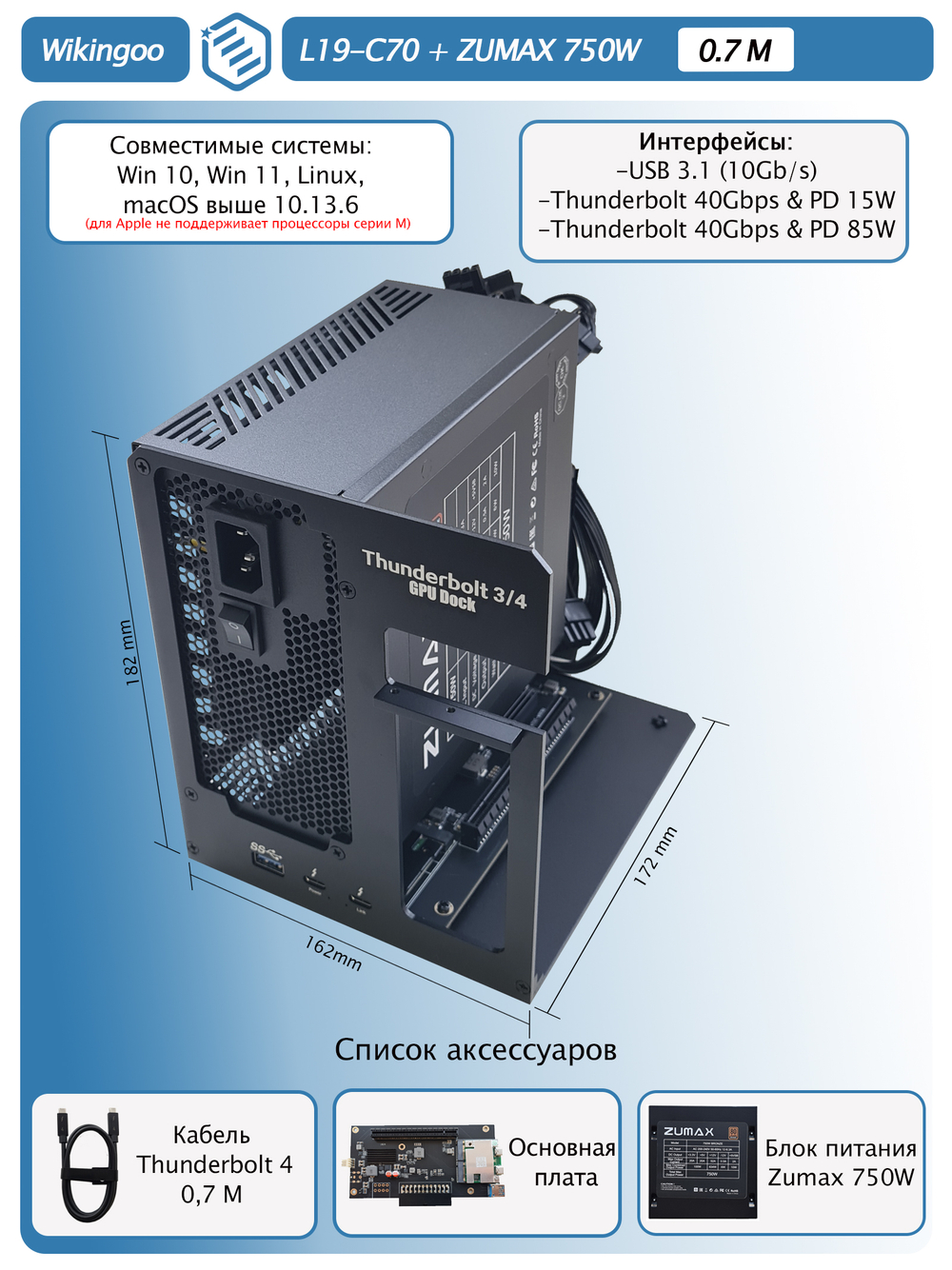 Внешний корпус для видеокарты Wikingoo L19-C70 + ZUMAX 750W. Thunderbolt 3/4.