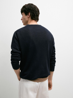 Massimo Dutti Вязаный льняной свитер с круглым вырезом, темно-синий