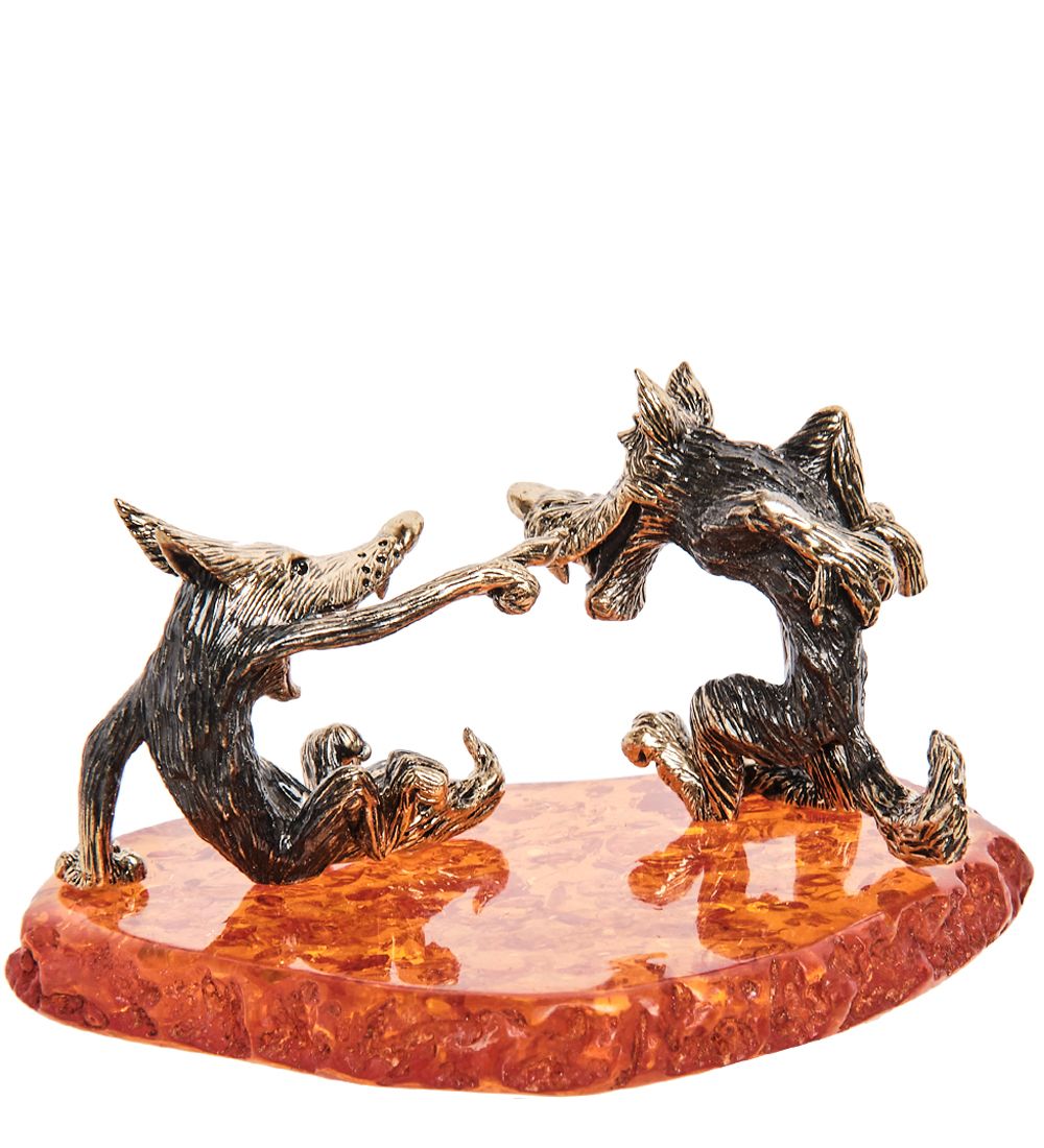 AM-3286 Фигурка «Волк и лиса» (латунь, янтарь)