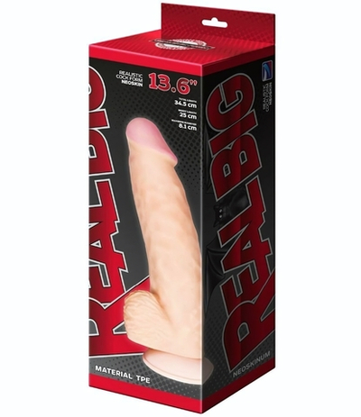 Телесный фаллоимитатор-супергигант с мошонкой на присоске - 34,5 см. (Цвет: телесный)